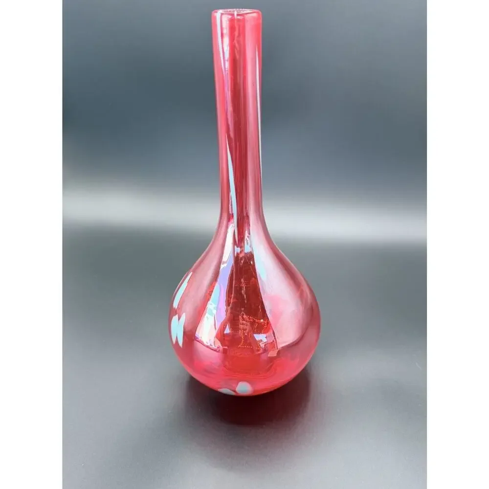 Vintage Red Swung Glass Bud Vase Applied Blue Dots MCM Art Glass 12”